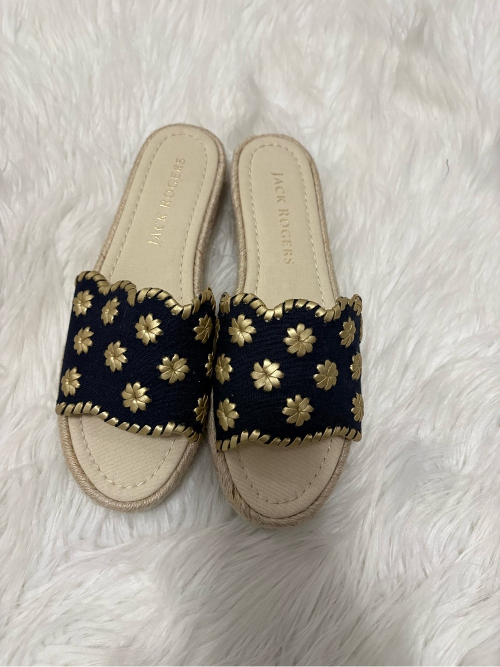 Jack Rogers Palmer Slide Navy Gold Coastal Island Summer Espadrille Sandals